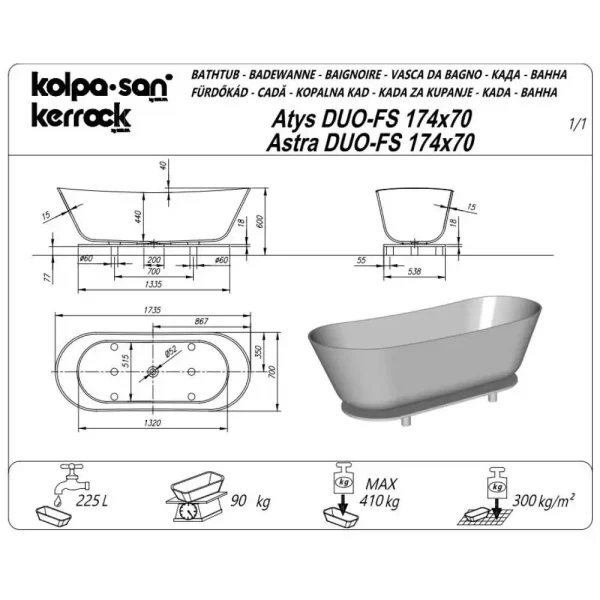 Atys Duo FS 174x70 White 622760 - Slika 2
