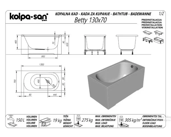 Kada Betty 130x70 ugradna 565520 - Slika 2
