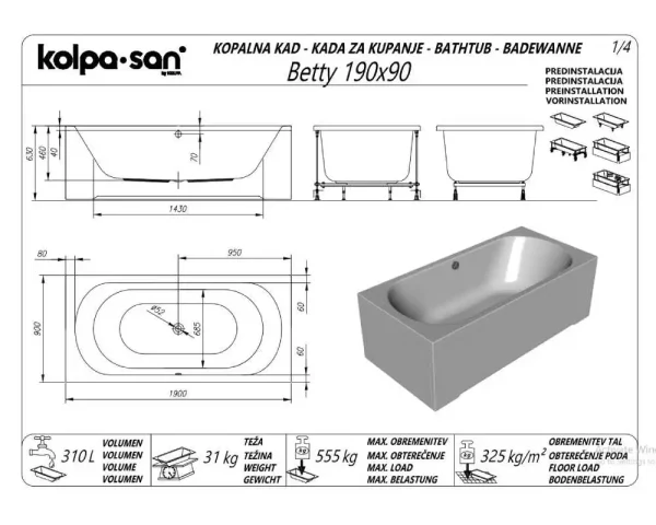 Kada Betty 190x90 ugradna 565450 - Slika 2