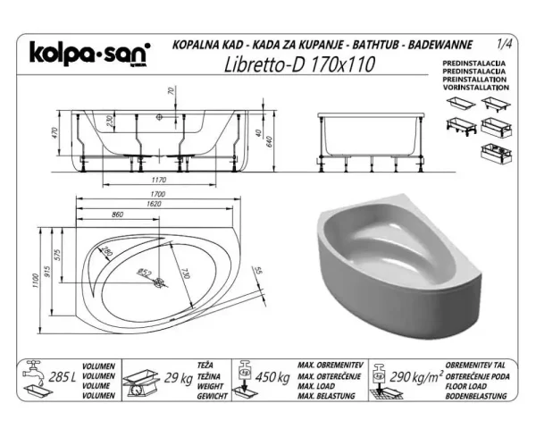 Kada Libretto-D 170x110 ugradna 565250 - Slika 2