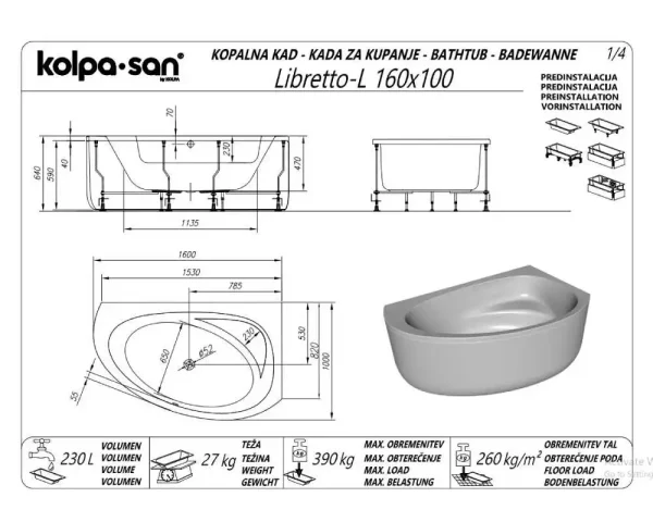 Kada Libretto-L 160x100 ugradna 574730 - Slika 2