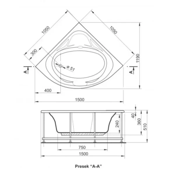 Kada Miami 105x105x51, sa oblogom i postoljem - Slika 3