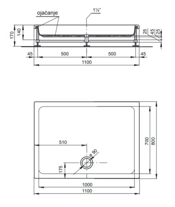 Tuš kada Pluton 110x80, sa oblogom i postoljem, sifon Fi90 - Slika 3