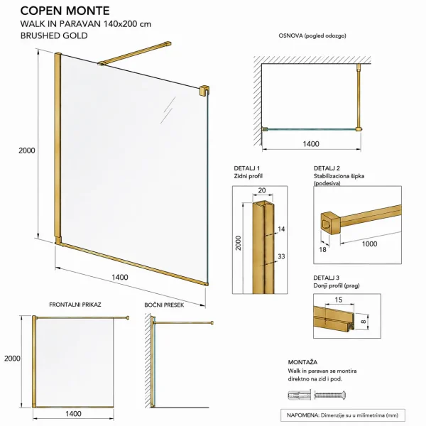 Tuš paravan Copen Monte 140x200 (C-02-S140BG) - Slika 3