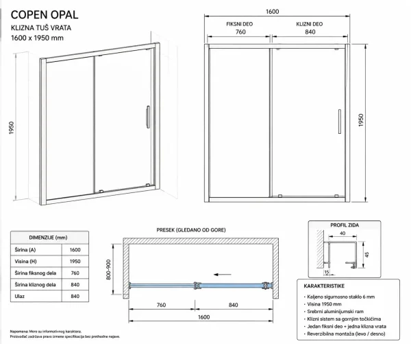 Tuš vrata Copen Opal 160x195 (C-02-P160) - Slika 3