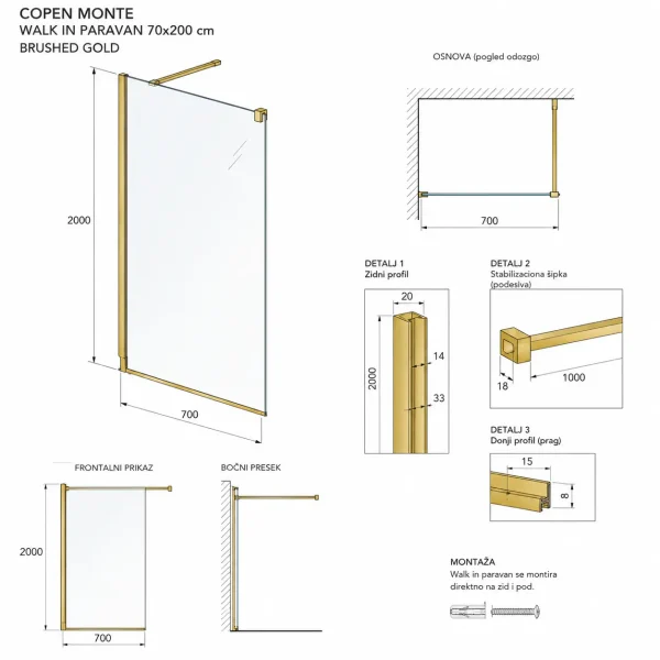 Tuš paravan Copen Monte 70x200 (C-02-S70BG) - Slika 3