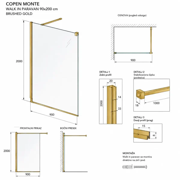 Tuš paravan Copen Monte 90x200 (C-02-S90BG) - Slika 3