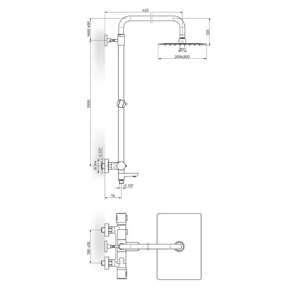 Termostatska baterija sa usponskim tušem 200x300mm i izlivom NOVA RUČICA 2T37351B - Slika 2
